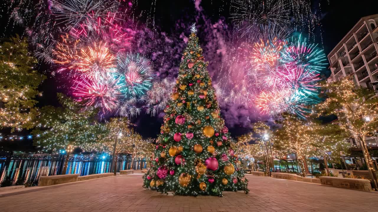 Spectacular New Year Celebration Featuring a Brightly Decorated Christmas Tree Surrounded by Dazzling Fireworks and Festive Lights at Night