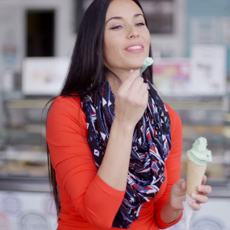 attractive stylish young woman in a delicatessen