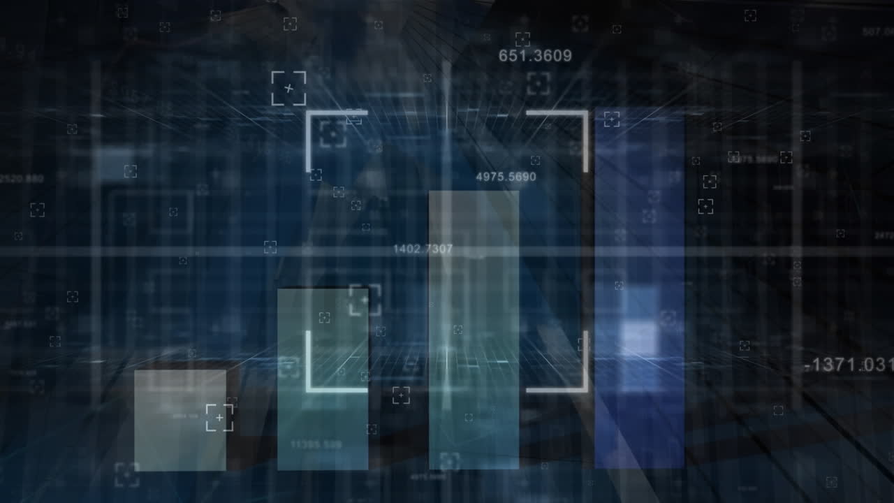 Animation of squares and financial graphs in navy space