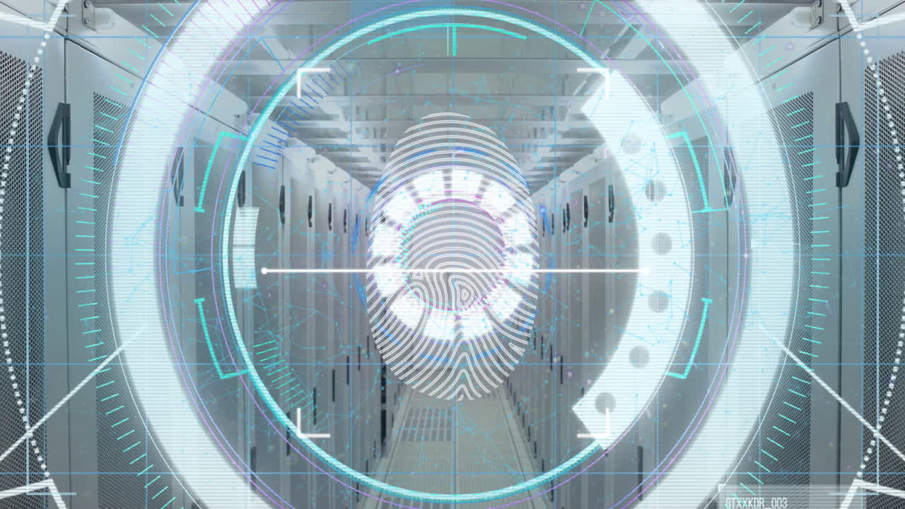 animación del escaneo del alcance y las huellas dactilares biométricas en servidores informáticos en segundo plano