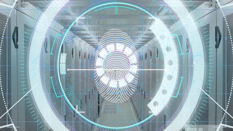 Animation of scope scanning and biometric fingerprint over computer servers in background