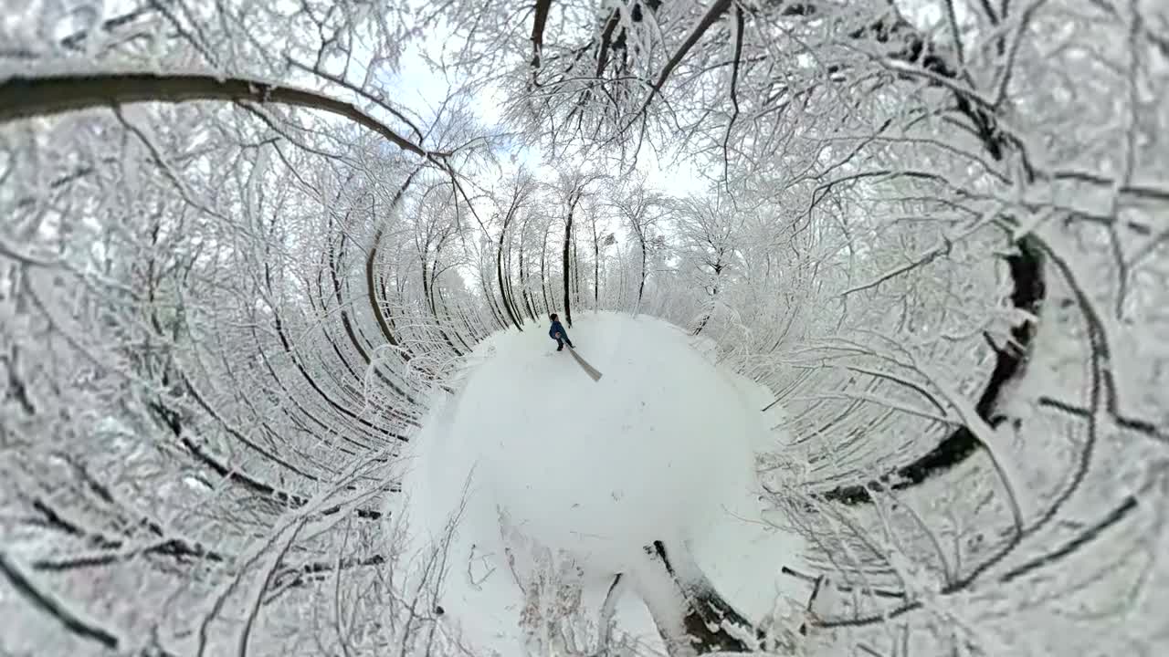 아름다운 겨울 숲을 고 있는 남자, 360도 vr, 작은 행성 효과