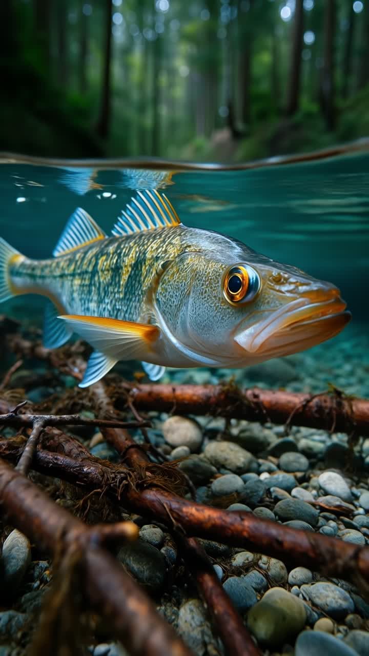 Scatto subacqueo dettagliato di un pesce che nuota vicino al fondale del fiume in acqua dolce limpida con detriti naturali