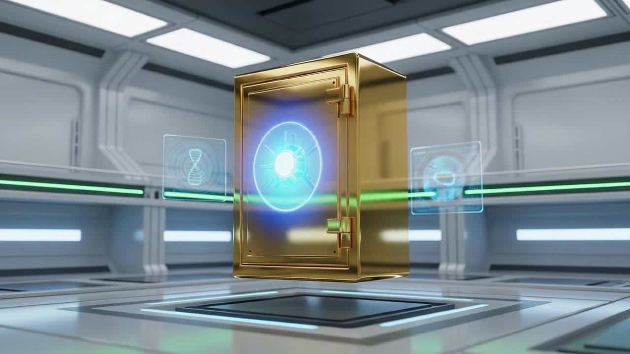 A High-Tech Golden Safe in a Futuristic Environment, Featuring Interactive Displays and an Intricate Locking Mechanism to Ensure Maximum Security and Access Control