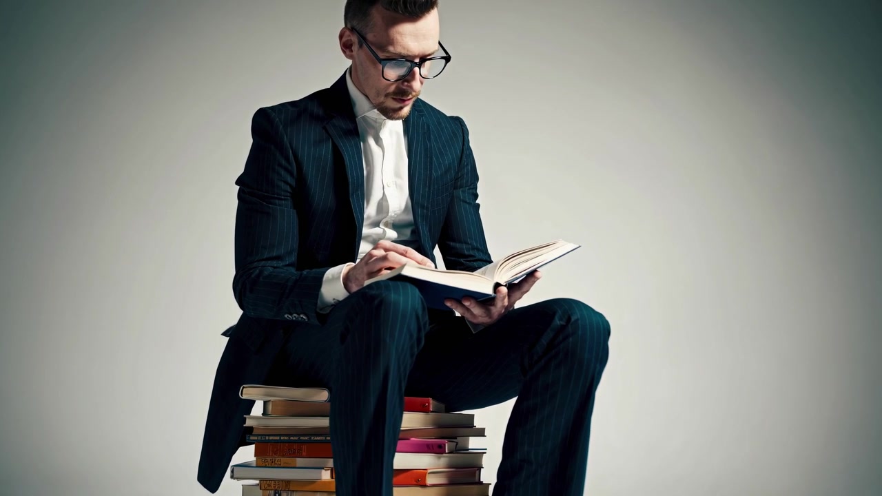 Focused Man in Suit Reading Book on Stack of Books