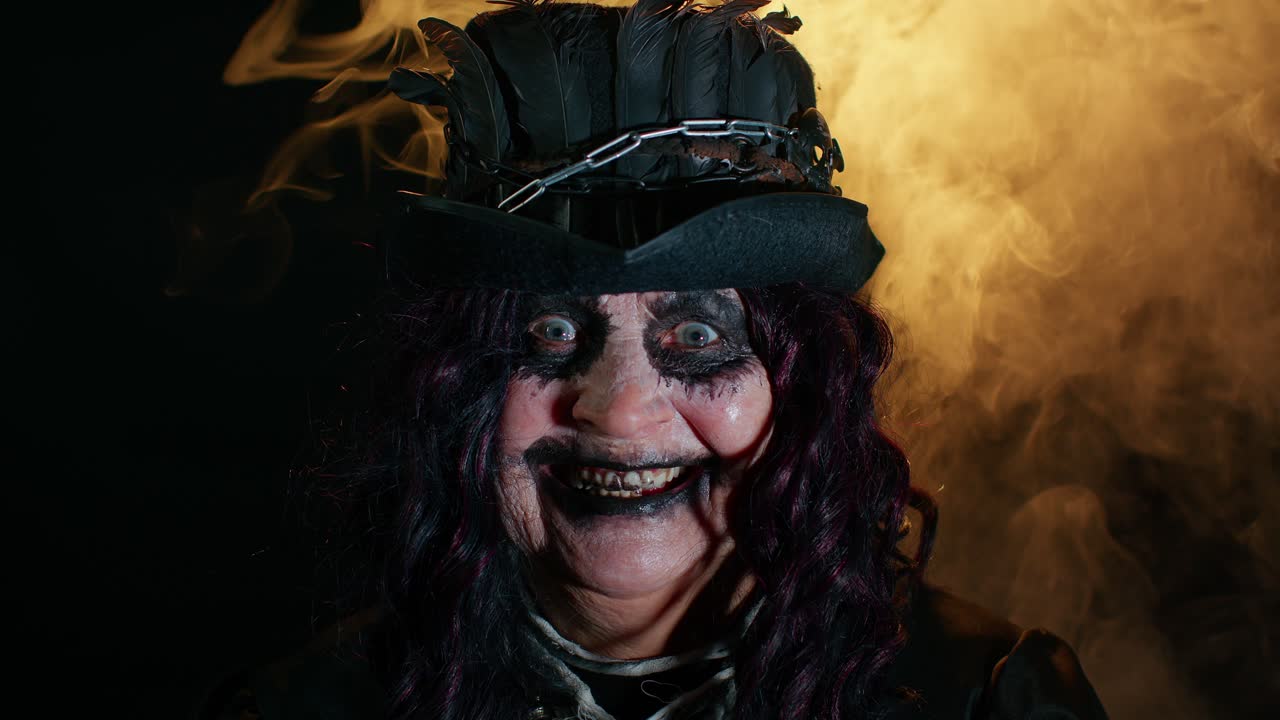 mujer madura espeluznante y aterradora abuela con maquillaje de bruja con estilo de halloween haciendo caras terribles