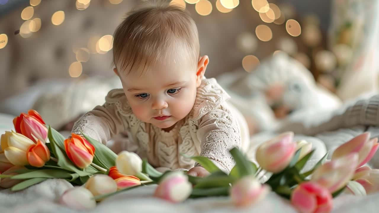 A cute baby playing with colorful tulips on a cozy bed