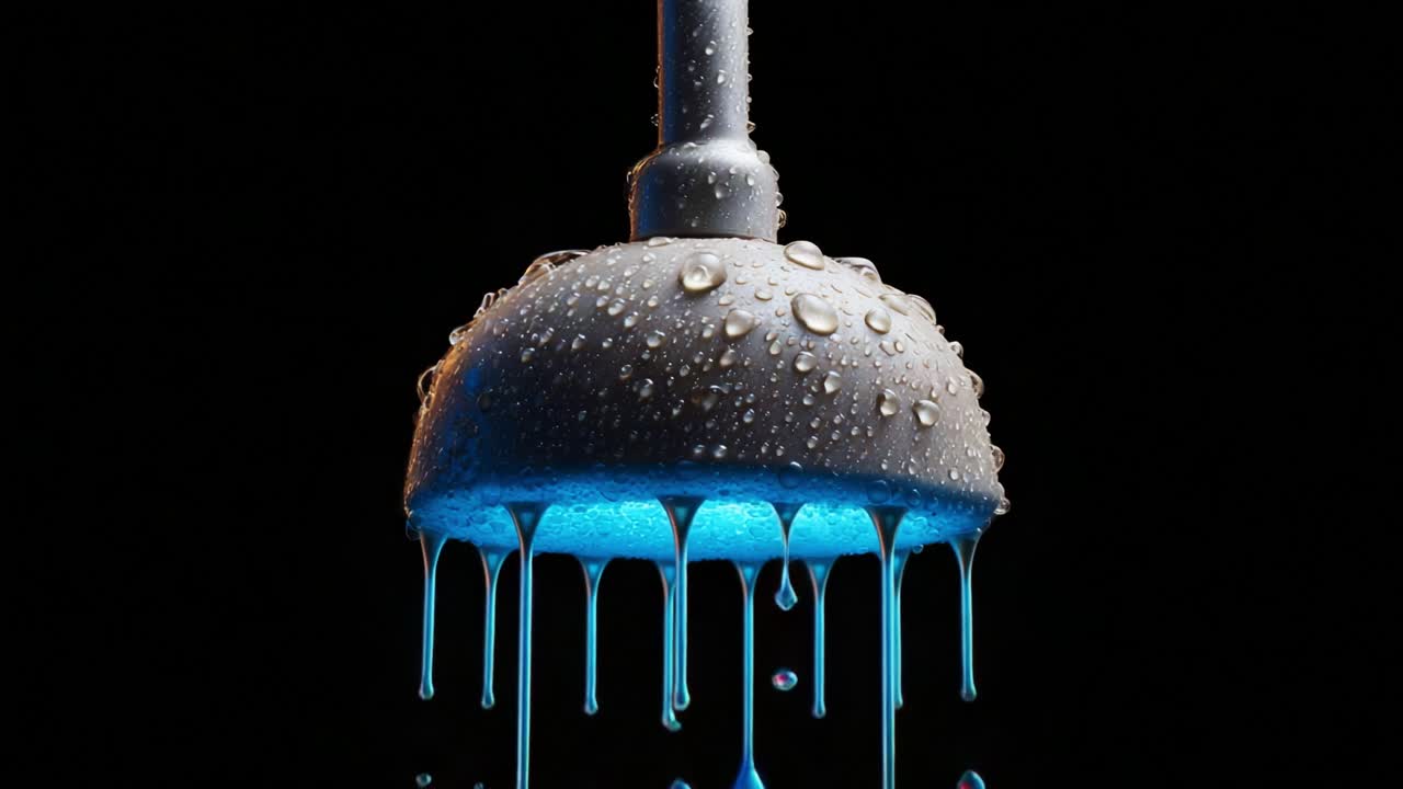 A Close-Up View of a Modern Shower Head with Vibrant Blue Lighting and Water Droplets, Capturing the Elegance and Functionality of Indoor Hydration