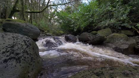 Zeitlupen-Gebirgsbach,-Der-Flussabwärts-Durch-Große-Felsbrocken-Fließt