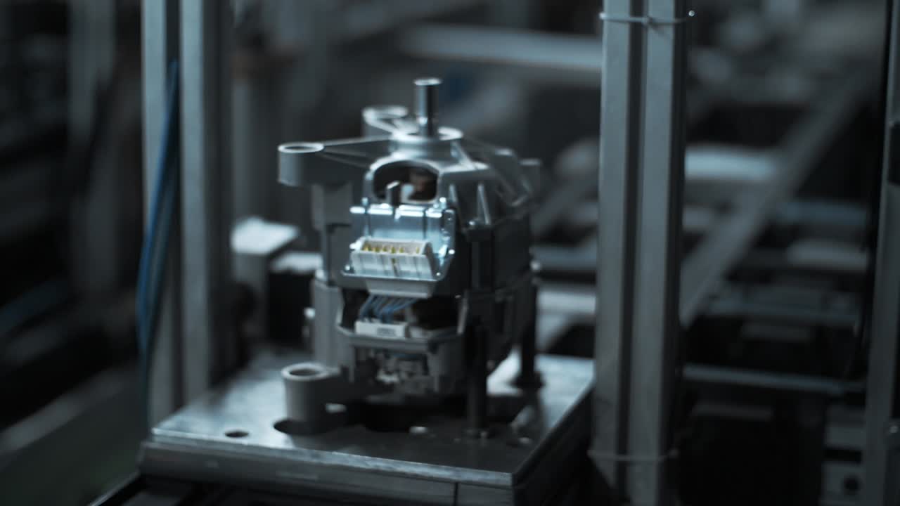 생산 공장에서 자동 컨베이어 라인에서 움직이는 금속 장치.