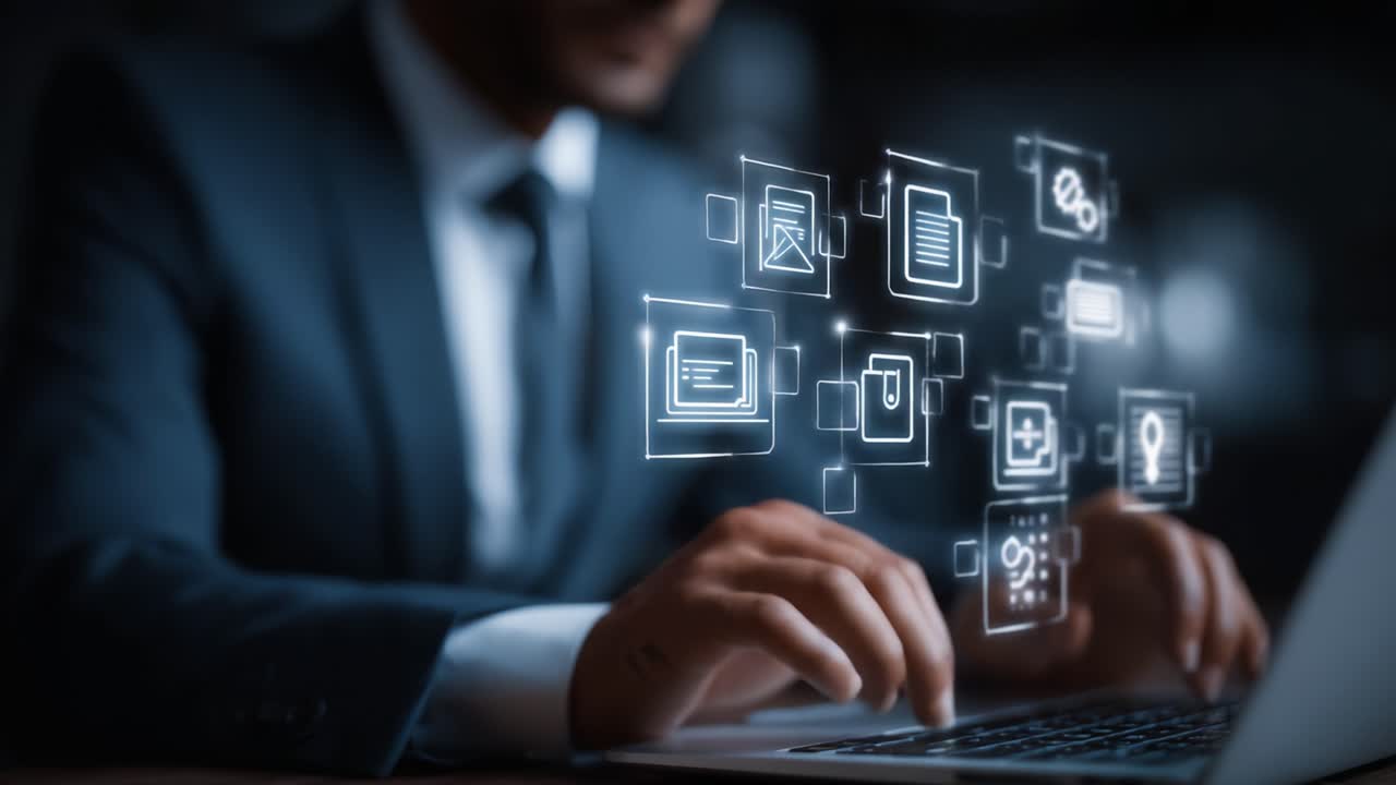 Professional in Business Attire Interacting with Virtual Graphical User Interface on Laptop, Representing Data Analysis and Technological Innovation in Modern Work Environments