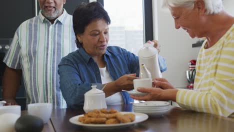 happy senior diverse people drinking tea at retirement home