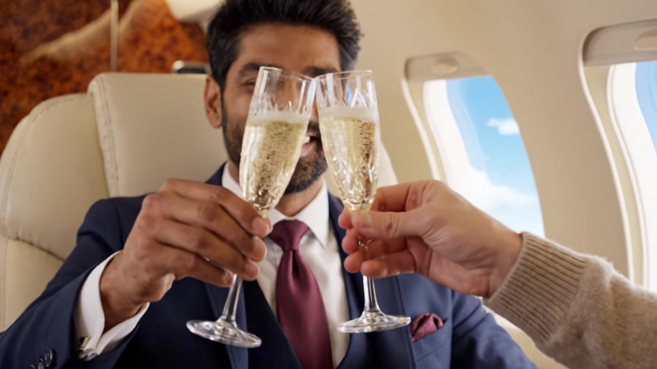 Un uomo sicuro di sé che si gode un momento di lusso su un jet privato con un calice di champagne, trasudando successo ed eleganza in un ambiente raffinato