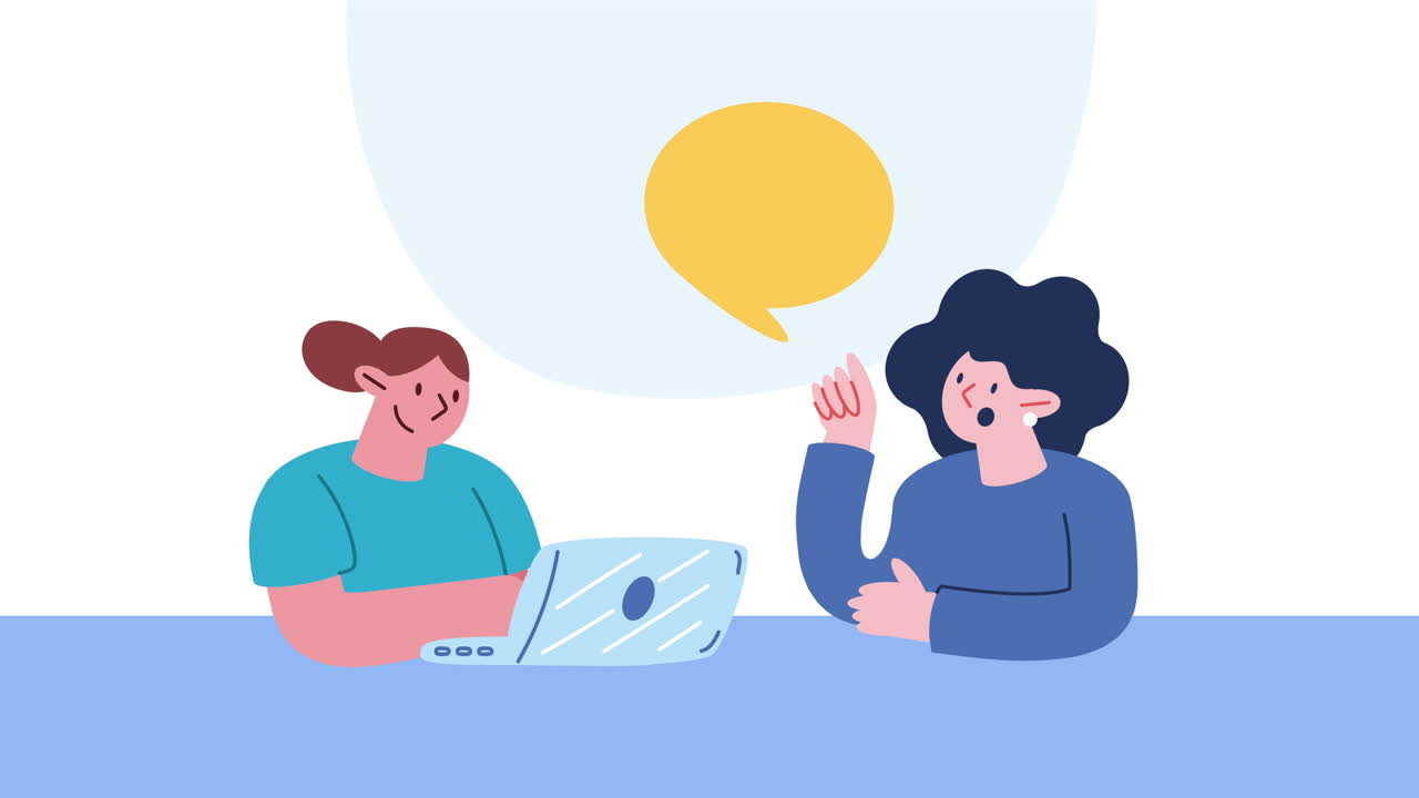 노트북 애니메이션을 사용하는 여성 노동자