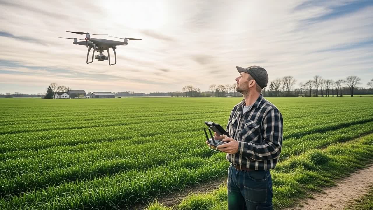 A Farmer Operates a Drone Over Expansive Green Fields, Utilizing Technology to Enhance Agricultural Practices and Crop Management in Modern Farming