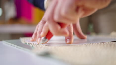 close-up of hands cutting paper with a craft knife