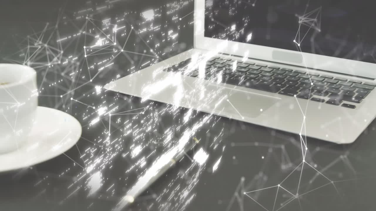 락 아이콘의 애니메이션과 노트북과 커피를 통해 연결된 네트워크