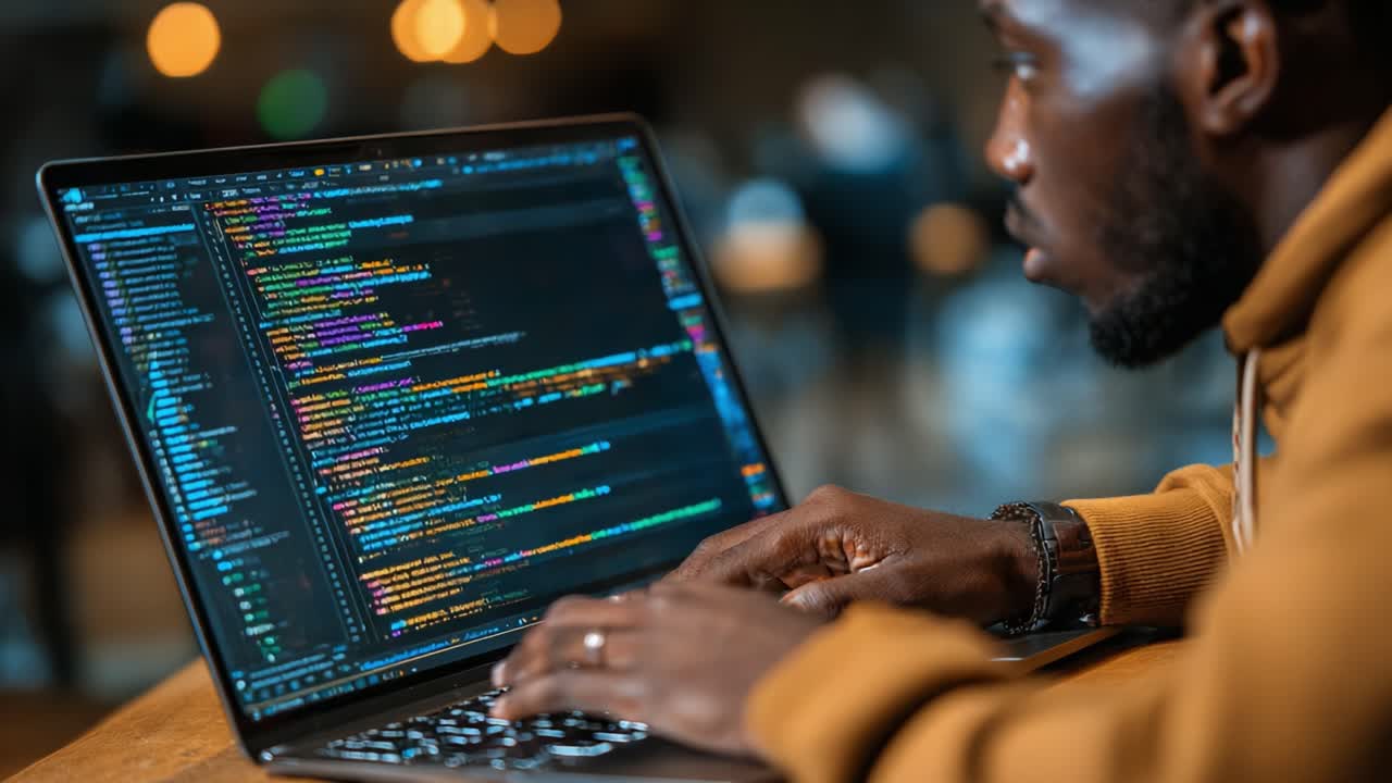 Focused Programmer Engaging with Complex Code on a Laptop in a Modern Workspace Environment, Immersed in Problem-Solving and Technology Development