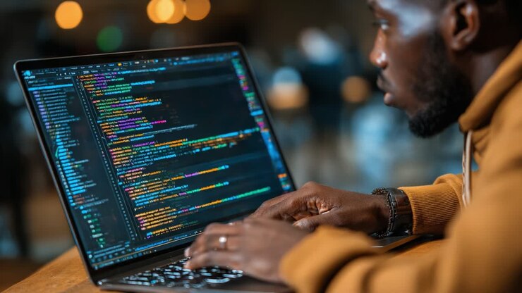 Fokuseret programmør fordybet i kompleks kode på en bærbar computer i et moderne arbejdsmiljø, engageret i problemløsning og teknologiudvikling