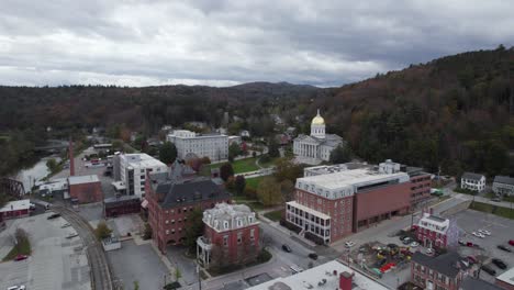 aerial shot of downtown montpelier and capitol building