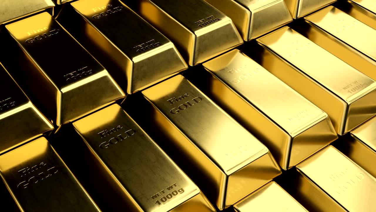vista de cerca de las pilas de barras de oro fino