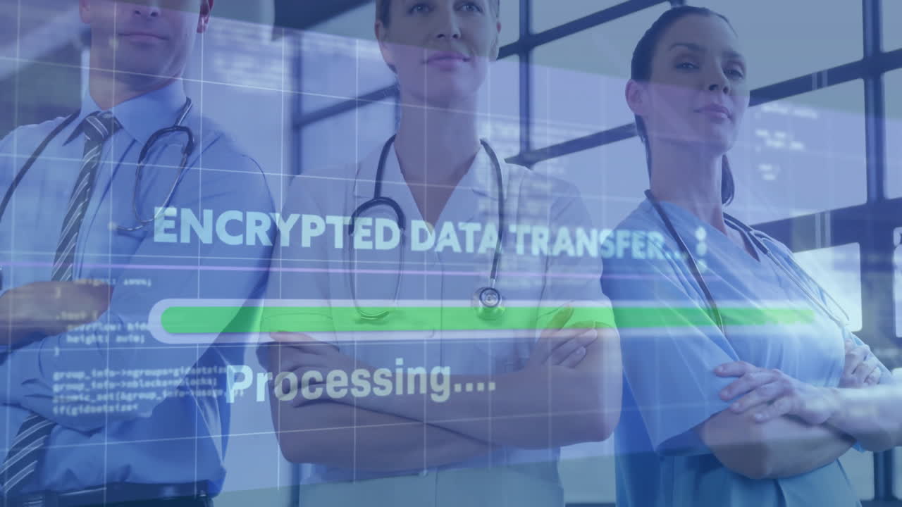 Medical team standing with stethoscopes, showcasing encrypted data transfer interface