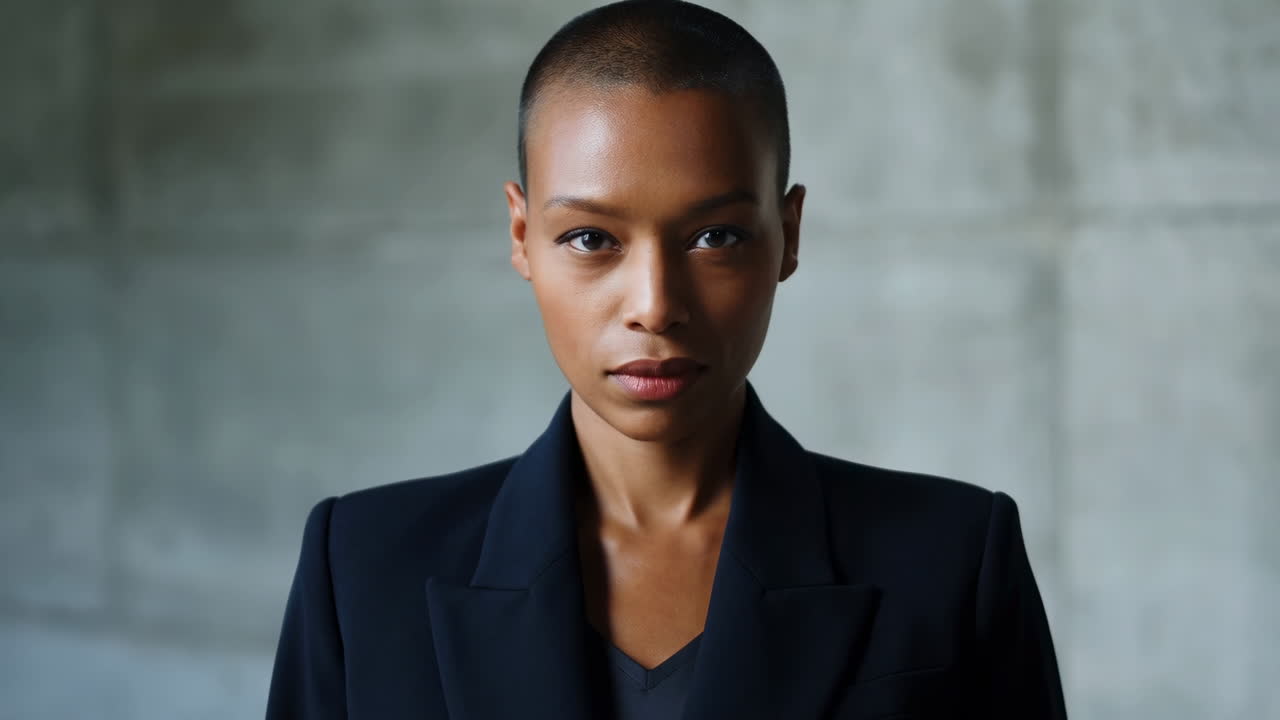 Confident Woman with Shaved Head Looking Directly at Camera