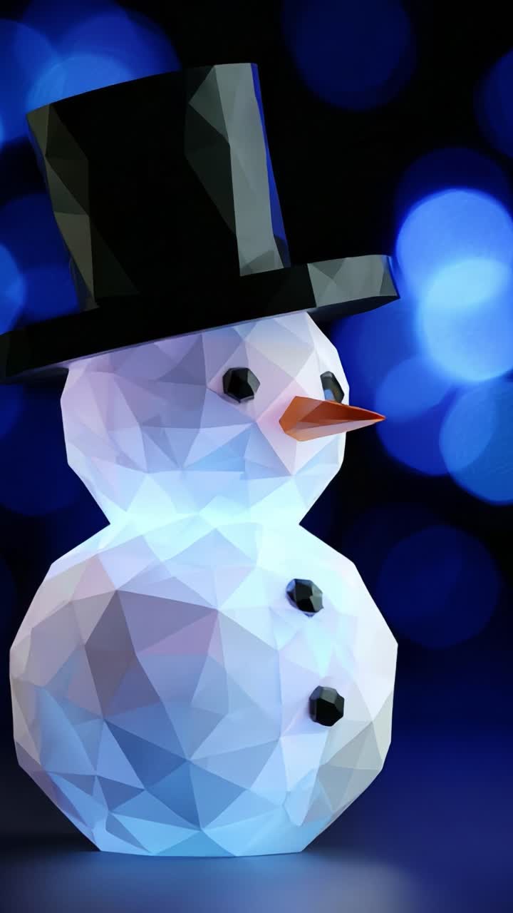 A geometric snowman figure wearing a classic black top hat stands against a vibrant blue bokeh background, creating a whimsical and artistic festive scene perfect for winter celebrations and decorative display