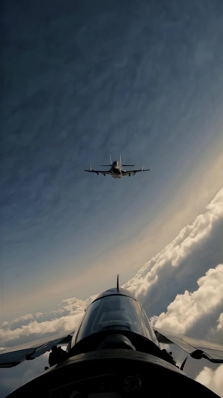 POV dalla cabina di pilotaggio di un jet di un altro aereo che vola contro un cielo soleggiato