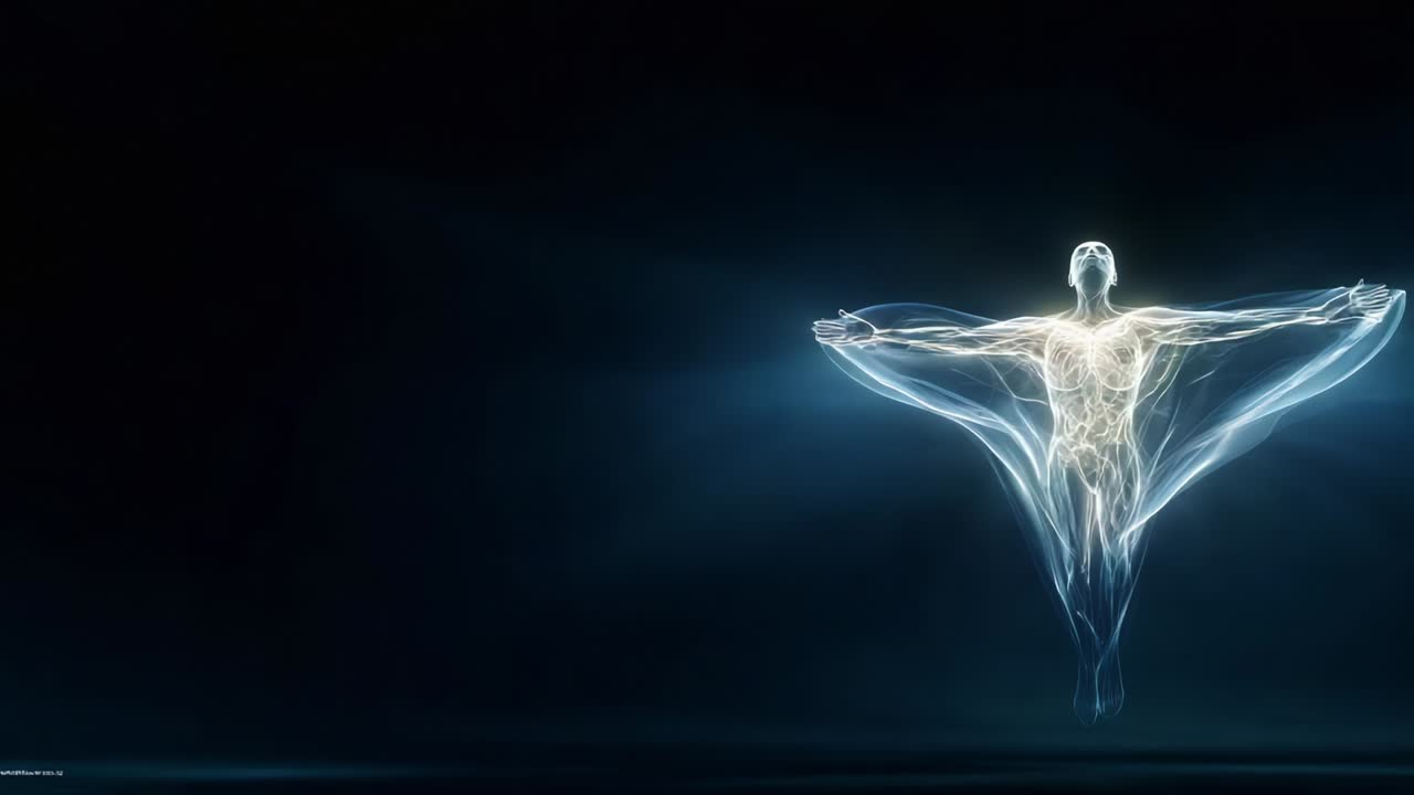 A surreal representation of an ethereal figure, embodying freedom and transcendence through illuminated lines and soft light, revealing the essence of movement and spiritual elevation in a dark backdrop