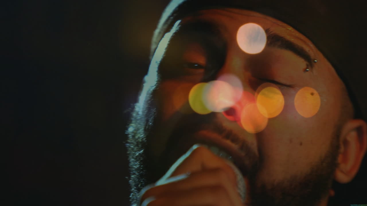 Bearded man holding microphone in music studio showing animated soundwave and graph icon