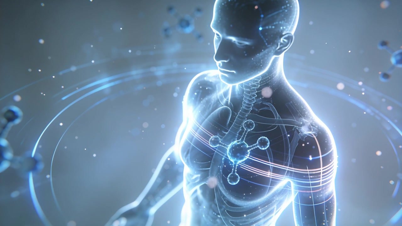 Brightening molecular node causing hologram torso turning in cool lab, showing ribs, orbital rings