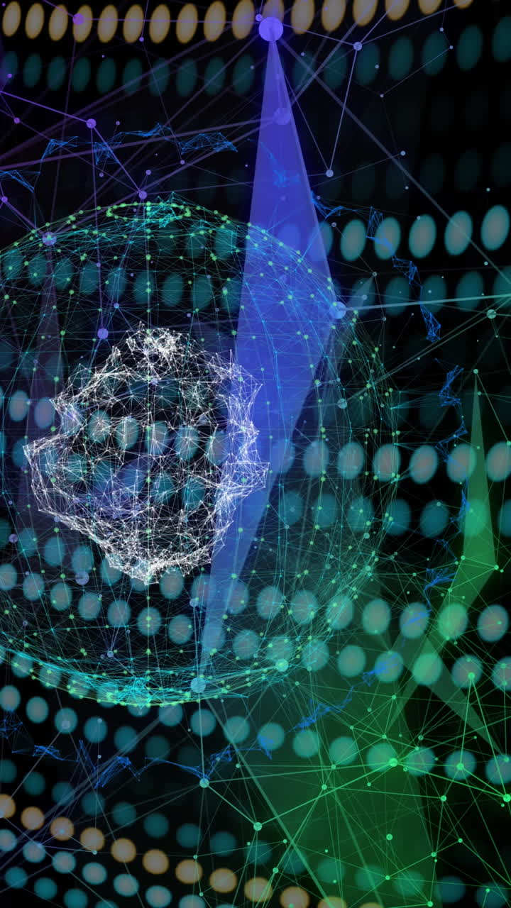 Animation of globe and shapes over black background with green and yellow lines