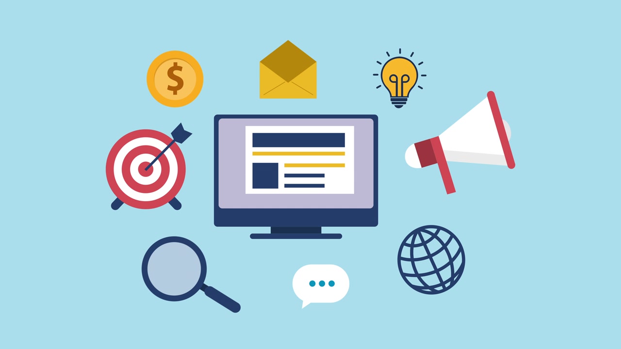 Animated Digital Marketing Icons Surrounding a Computer Monitor