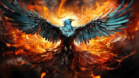 fierce phoenix rises from flames with vibrant blue and orange feathers