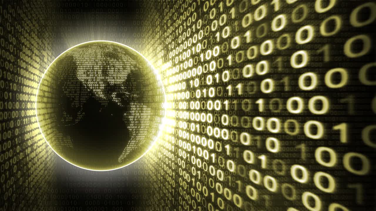 planeta tierra con código binario fondo amarillo. animación de bucle