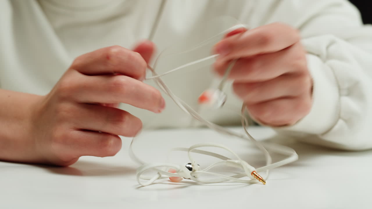 Young woman trying to untangle the white headphones close-up. Tangled wires on table. Trying to untangle many messy cables