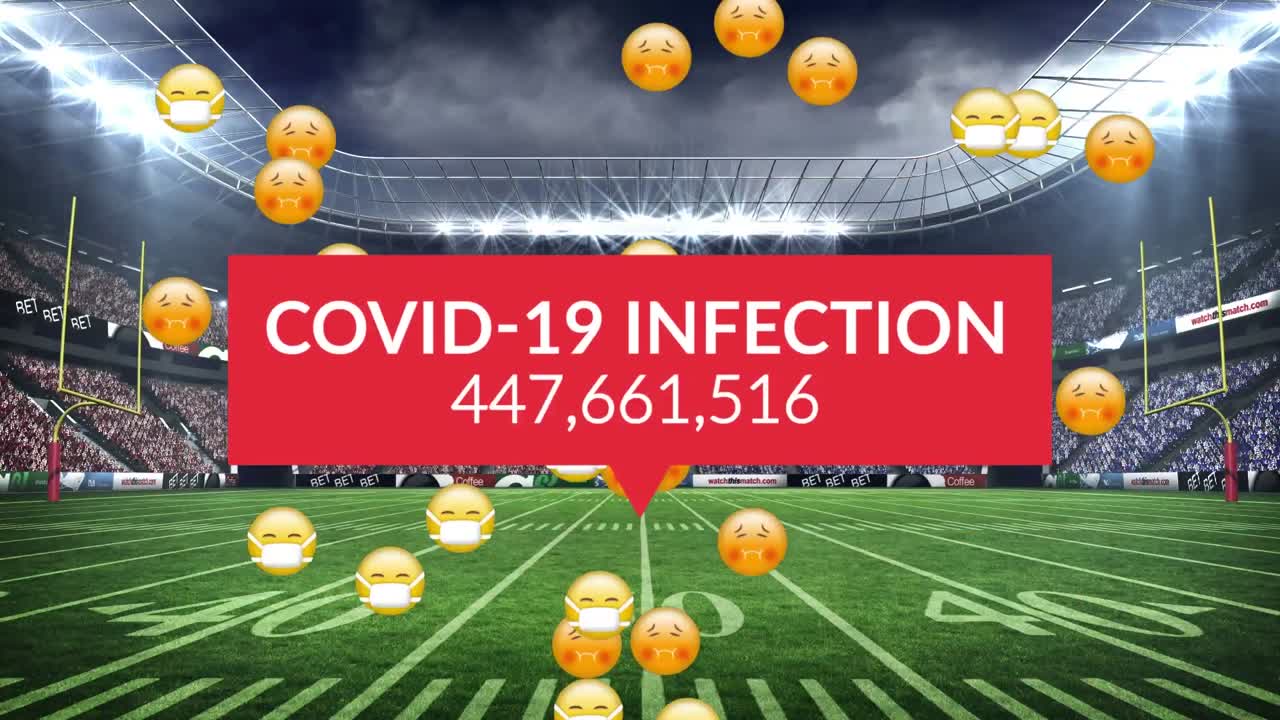 스포츠 경기장에서 얼굴 마스크가 떨어지는 코로나 데이터와 이모지 애니메이션