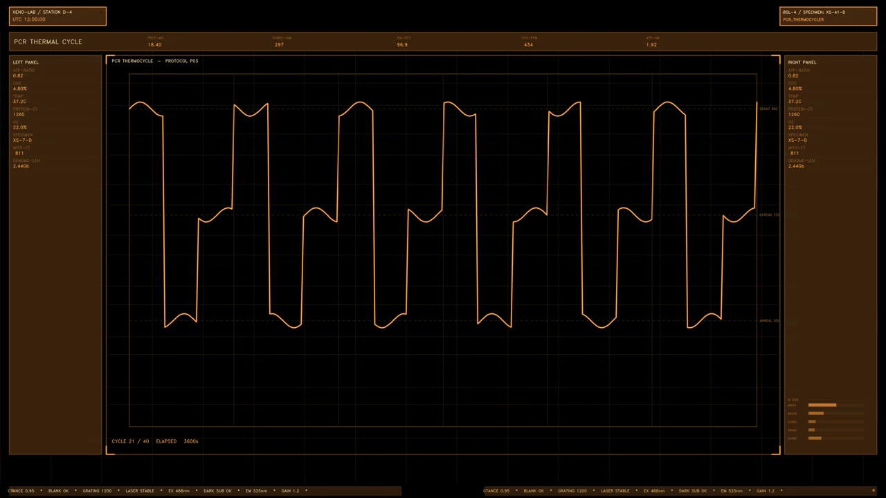 An amber medical interface element displaying a PCR thermal cycler graph with changing data readouts. Loops seamlessly as a transparent tech overlay