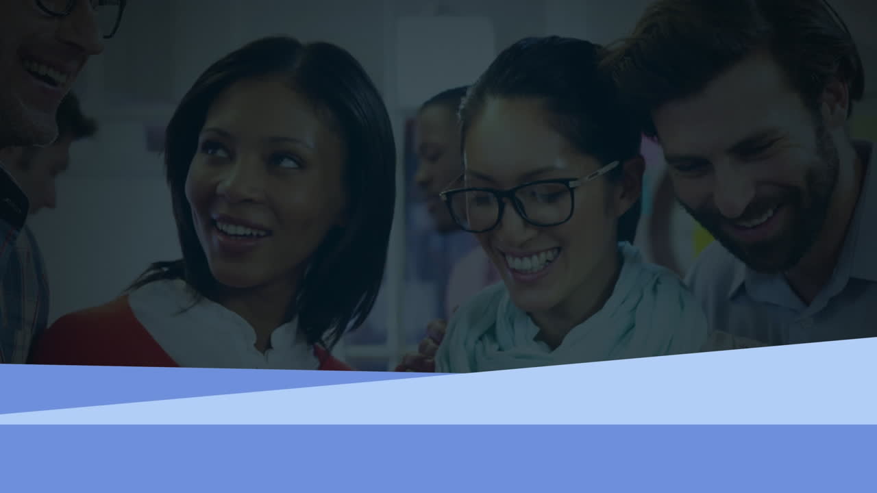 Animation of purple shapes over diverse business people in office