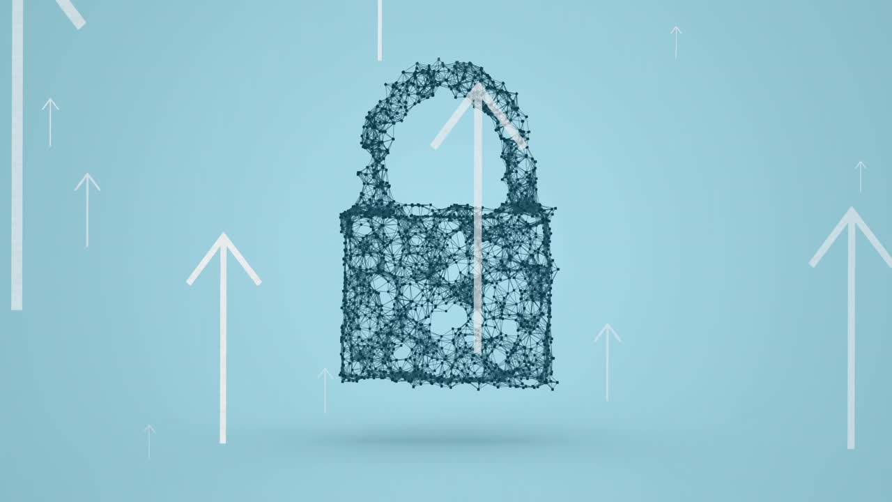 animación de flechas blancas que apuntan hacia arriba sobre el candado de seguridad en línea sobre fondo azul