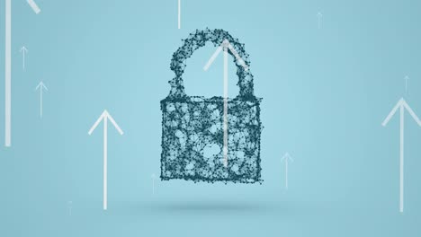 animation of white arrows pointing up over online security padlock on blue background