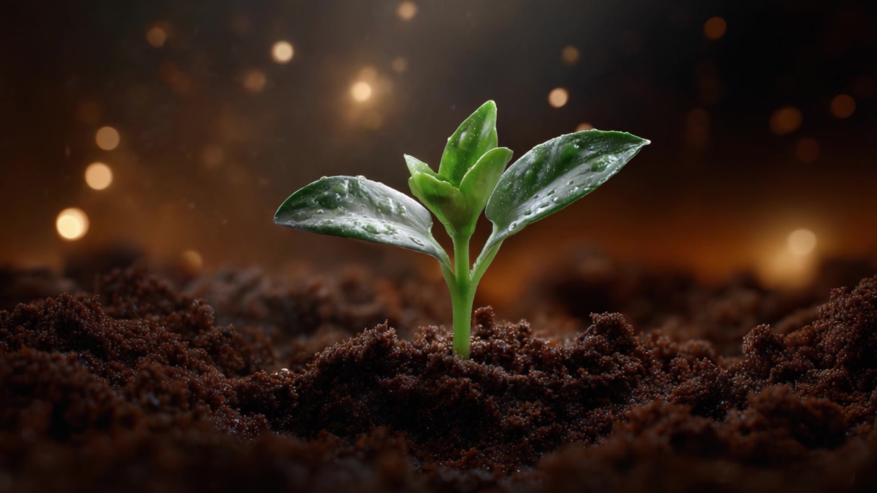 Una piantina resiliente emerge da terreno fertile, illuminata da un bagliore soffuso, simboleggiando crescita, speranza e la rinascita della bellezza della natura in un ambiente magico.