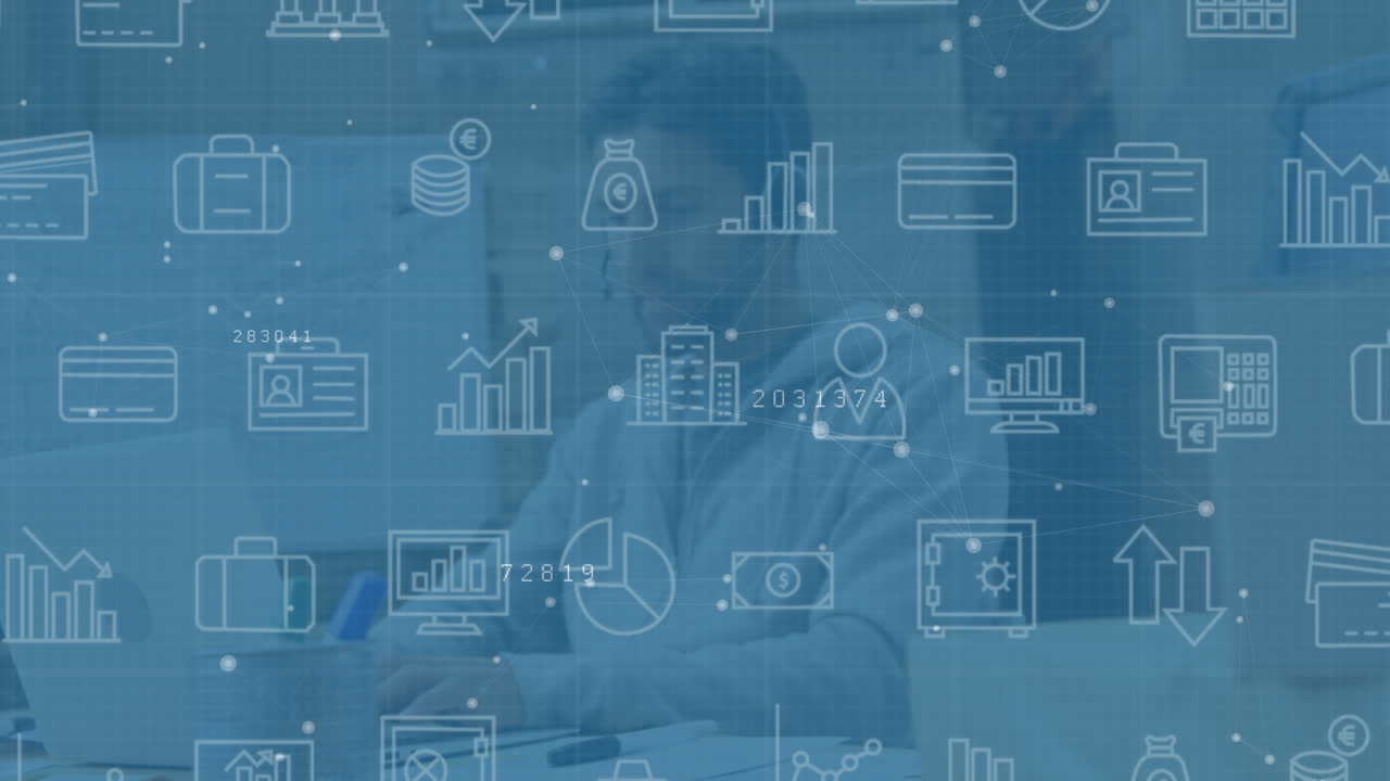 animación de iconas financieras sobre el consultor caucásico masculino