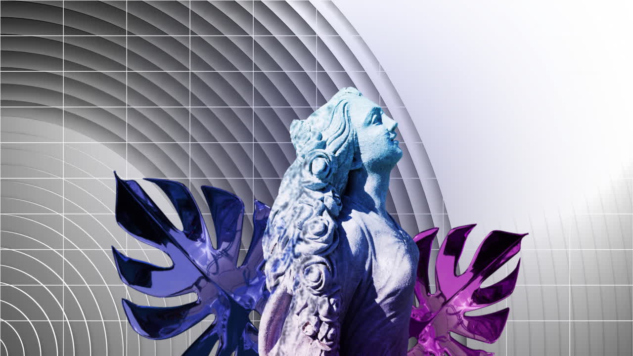 Abstract geometric shapes and grid animation over statue with colorful wings