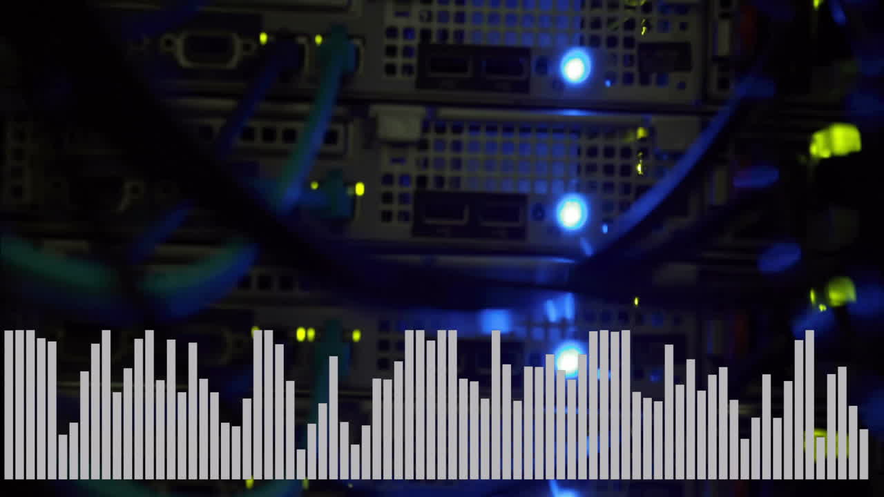 rack de servidor con luces parpadeantes y animación de ondas de sonido en la parte inferior