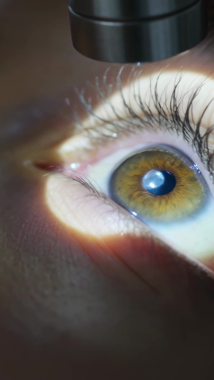 Vertical video: Shining penlight over right eye pulling lid making corneal dot for exam, copy space