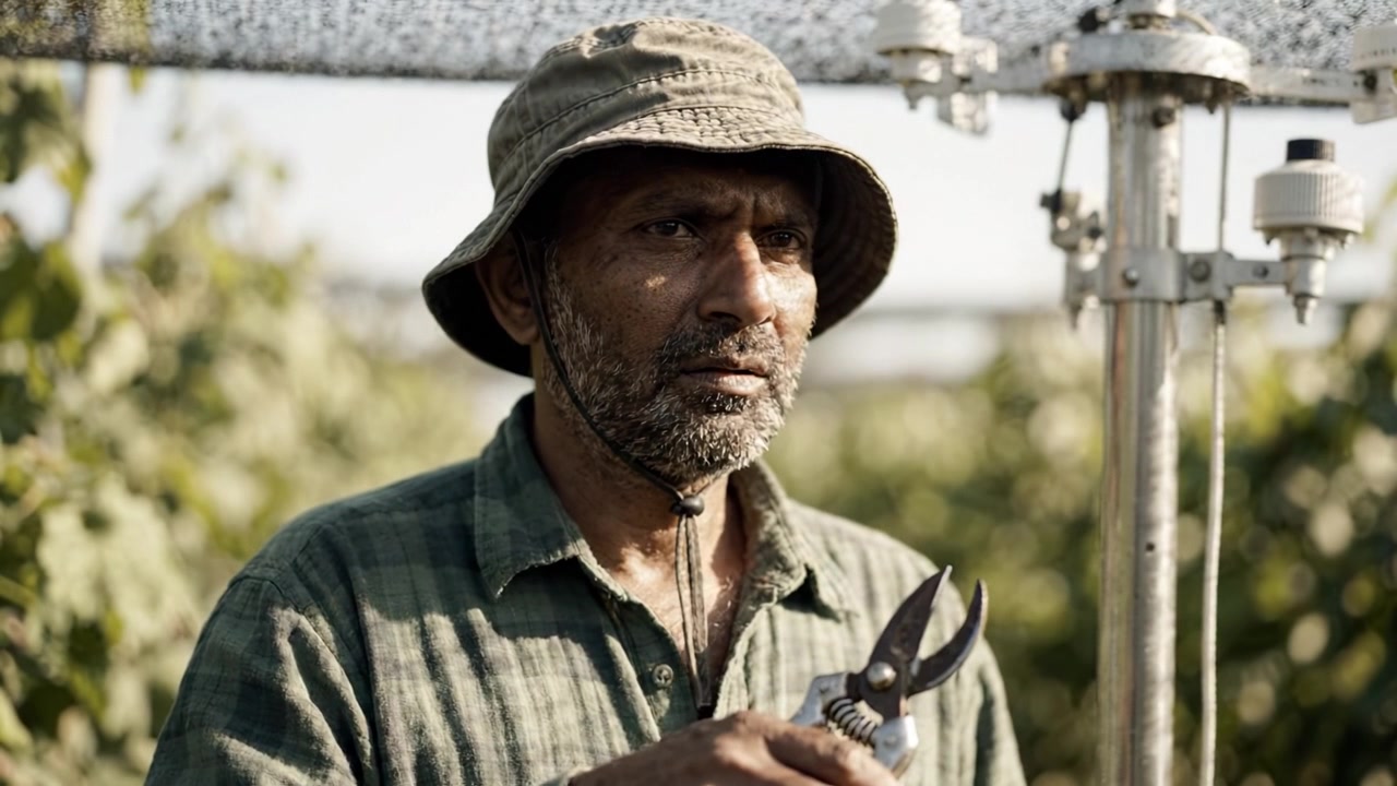Un agricoltore esperto che pota le viti con strumenti di precisione in un vigneto frutteto sotto la luce del sole, mostrando una profonda connessione con la natura e l'agricoltura.