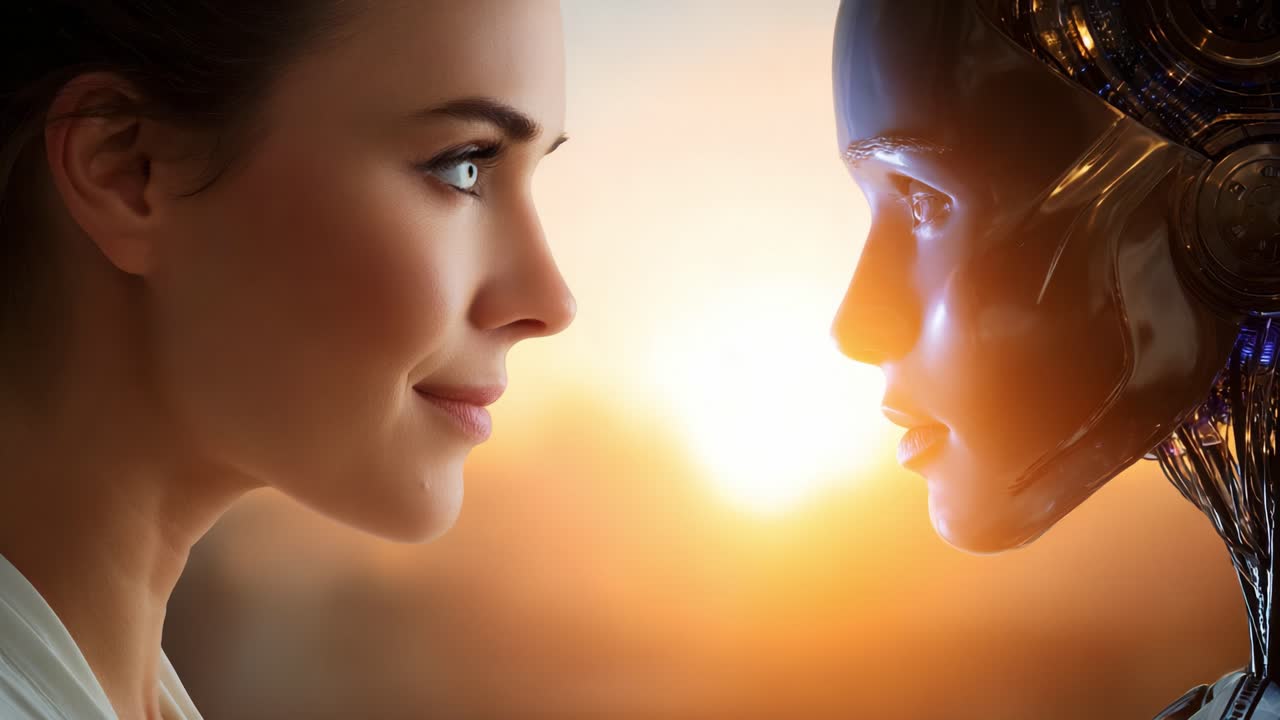 Un incontro stimolante: una donna e un robot si fronteggiano mentre il sole tramonta, esplorando i confini tra umanità e tecnologia