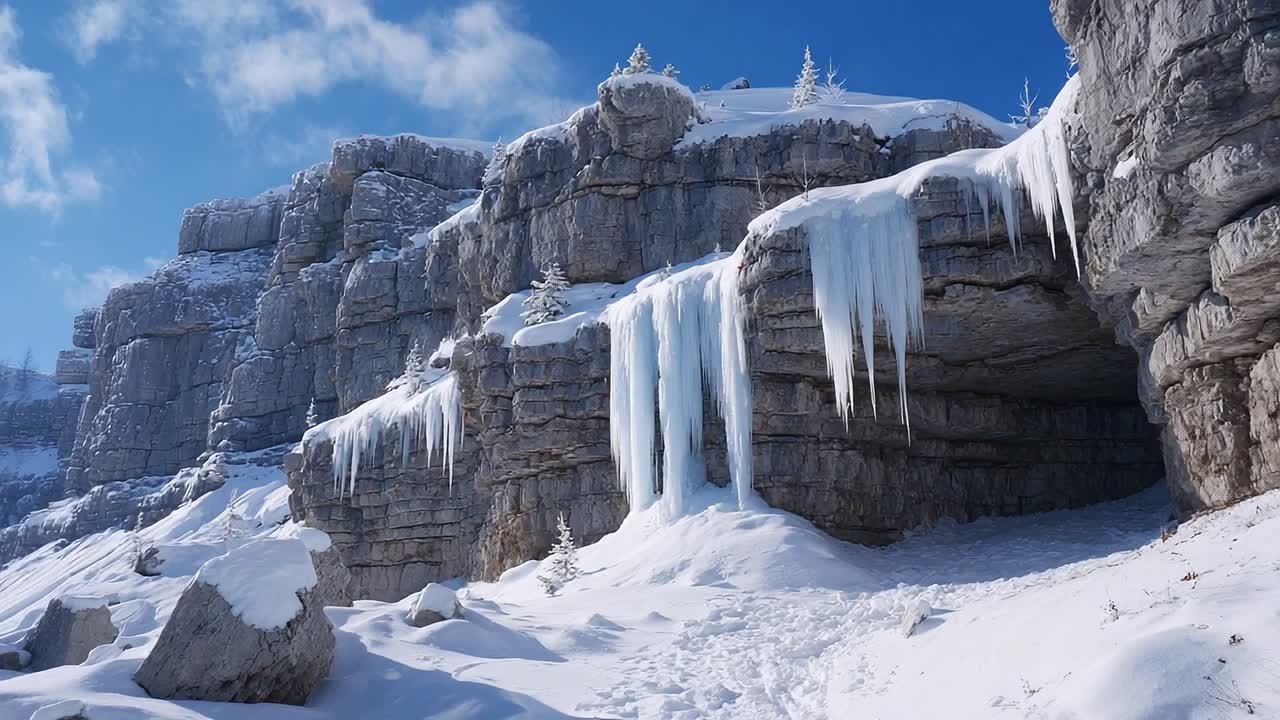 Majestic Winter Landscape Featuring Glacial Rock Formations and Icicles in a Snow-Covered Terrain Under Clear Blue Skies